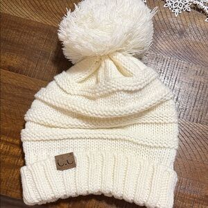 C.C Kids Ivory Knit Pom-Pom Hat